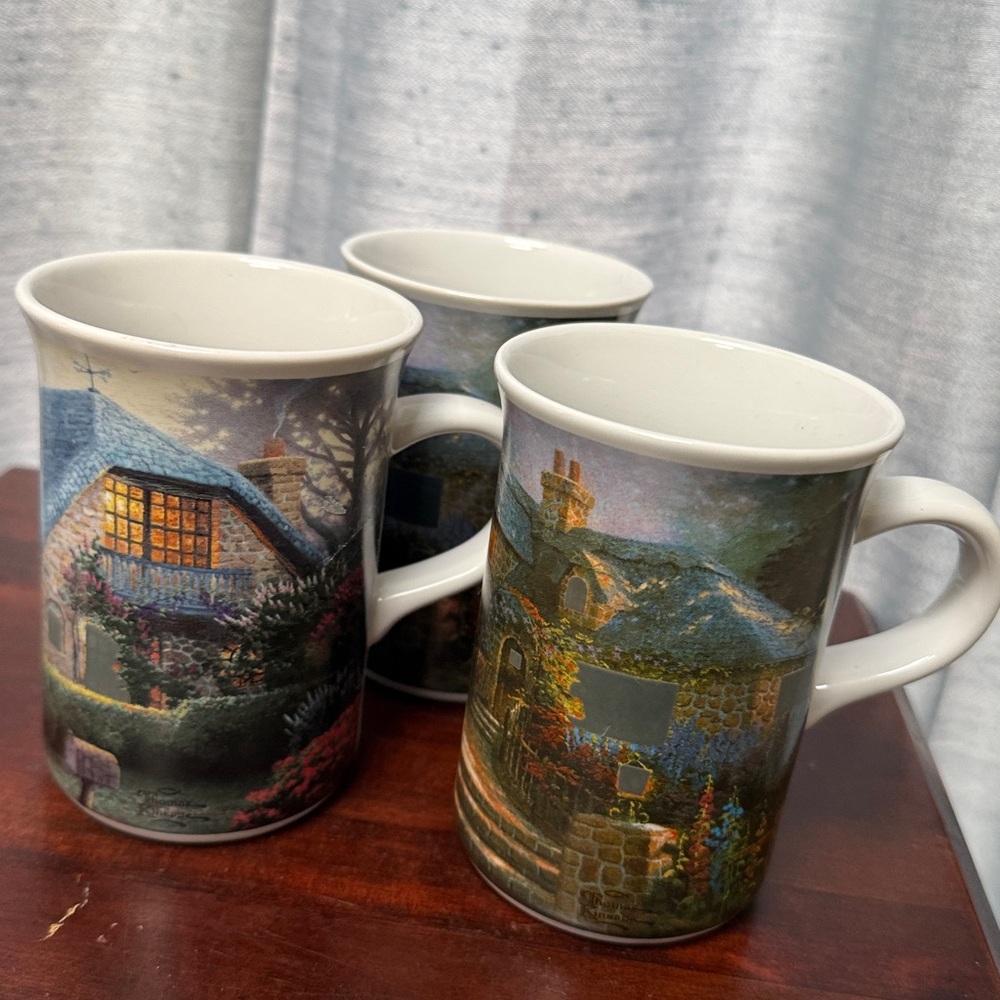 3 Thomas Kinkade Heat Activated Changing Mugs Lilac Cottage Hollyhock House